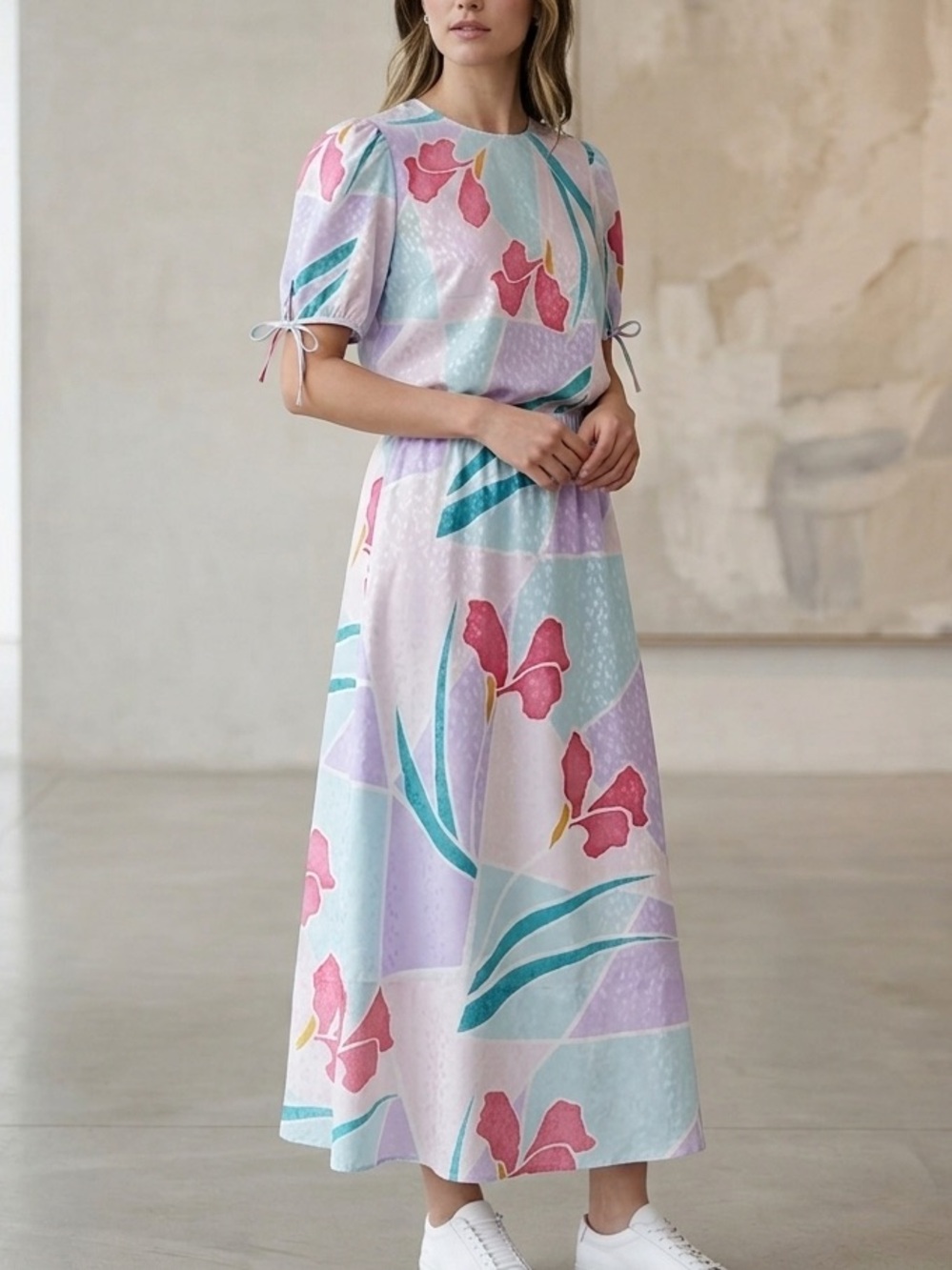 VTG Lorac Original Abstract Floral Skirt Set L XL Pink Co-ord 2pc Puff Sleeve